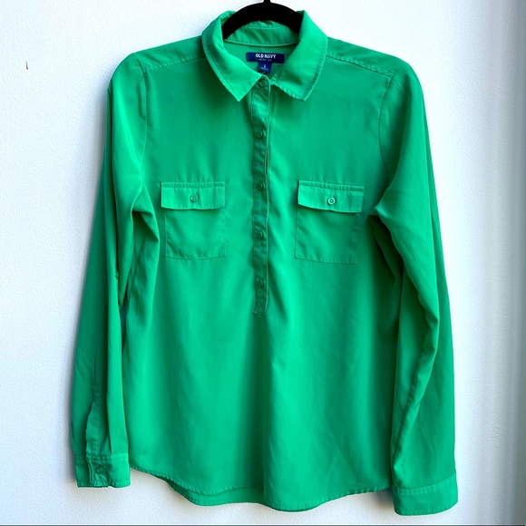Old Navy Tops - OLD NAVY Shirt Women's Long Roll-Tab Sleeve Pockets Button Up Green